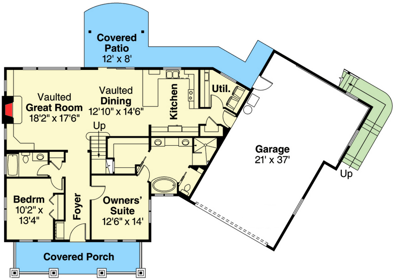Plan 72804DA: 4 Bed Bungalow House Plan with Angled Garage - 2840 Sq Ft - Floor Plan - Main Level - Cottage, Country, Craftsman