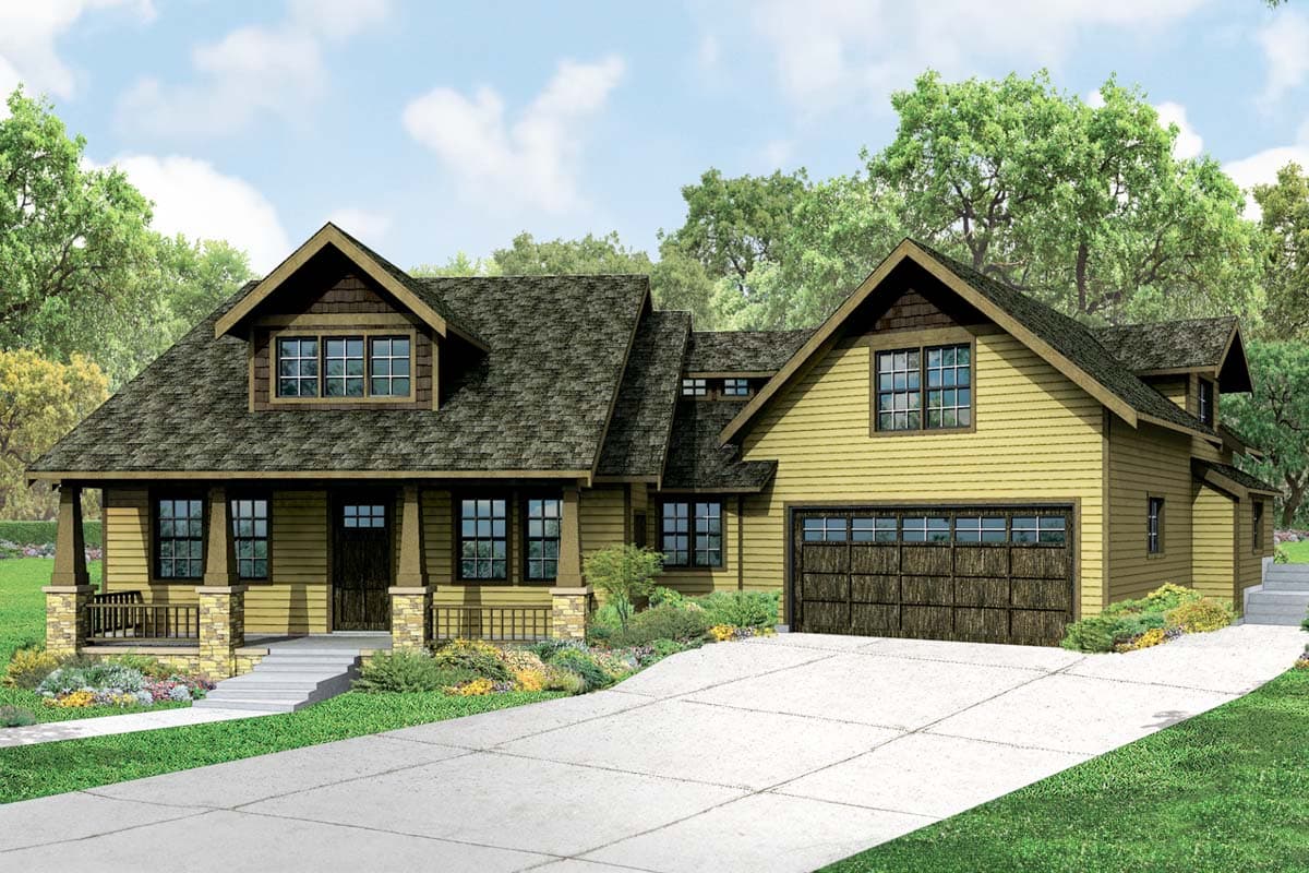 Craftsman style house plan exterior with a covered front porch, dormer, and attached two-car garage.