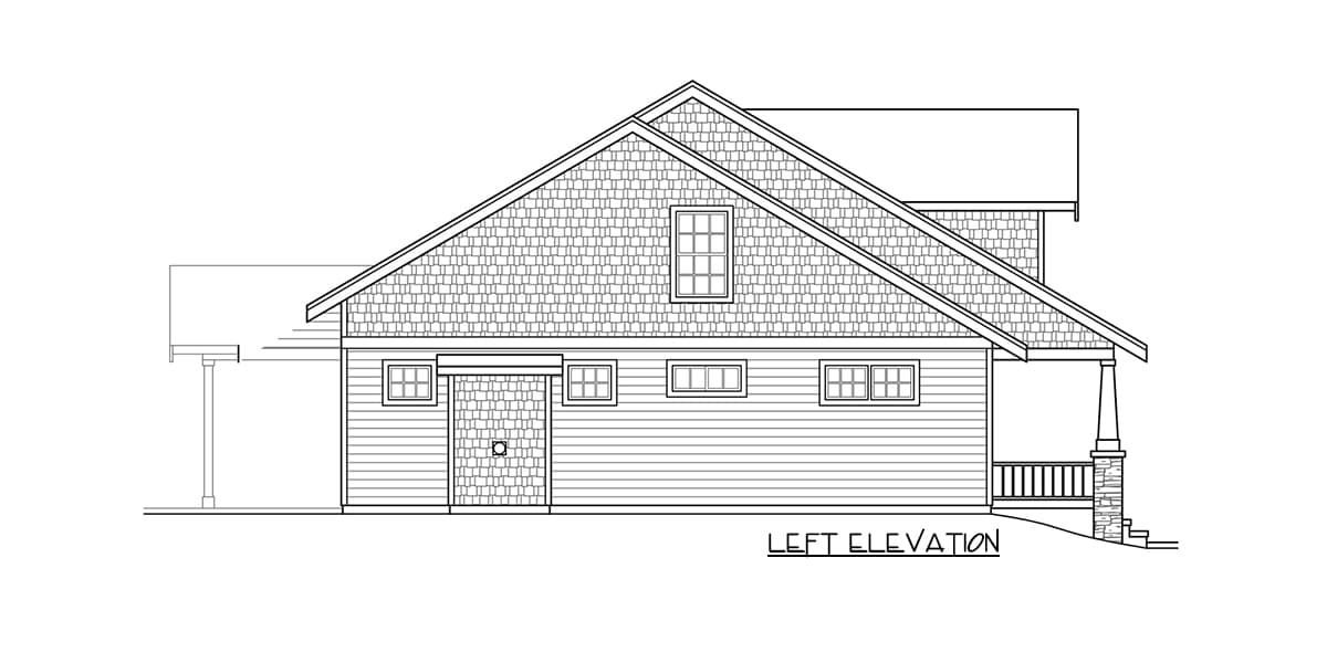 Left elevation of a house plan, featuring a prominent gable roof, shingle siding, and a covered porch with stone supports.
