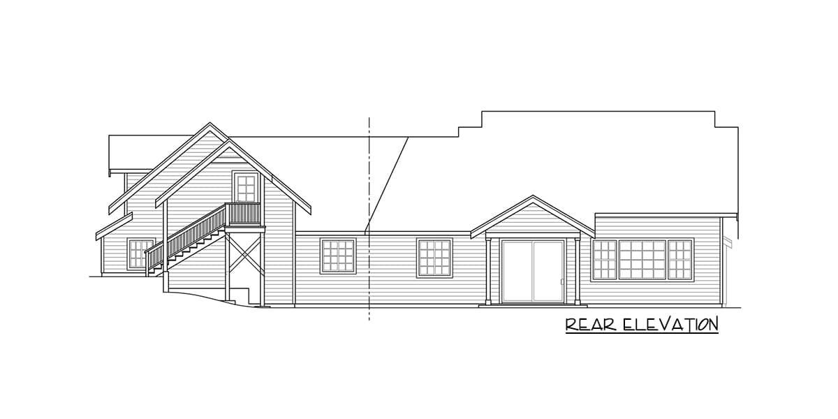 Rear elevation house plan shows multiple gables, a covered staircase to a second-story door, and sliding glass doors.