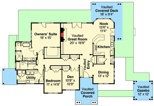 Plan 72805DA: 2 Bed House Plan with Vaulted Gazebo - Floor Plan - Main Level - Craftsman, Mountain, Vacation