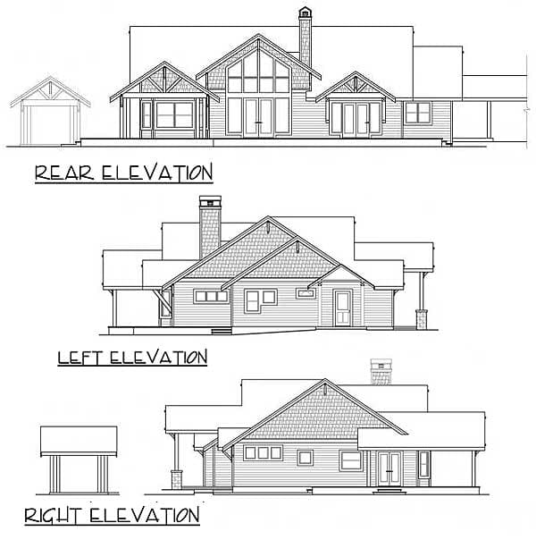 Rear, left, and right exterior elevations of a house plan featuring gables, a prominent chimney, and covered porches.