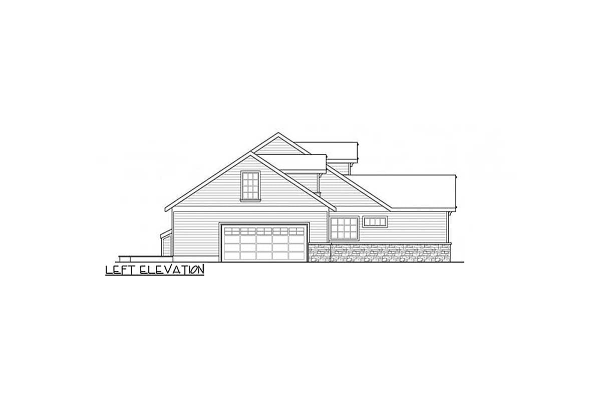Left elevation house plan showing a two-story structure with a garage, gabled roof, and stone foundation.