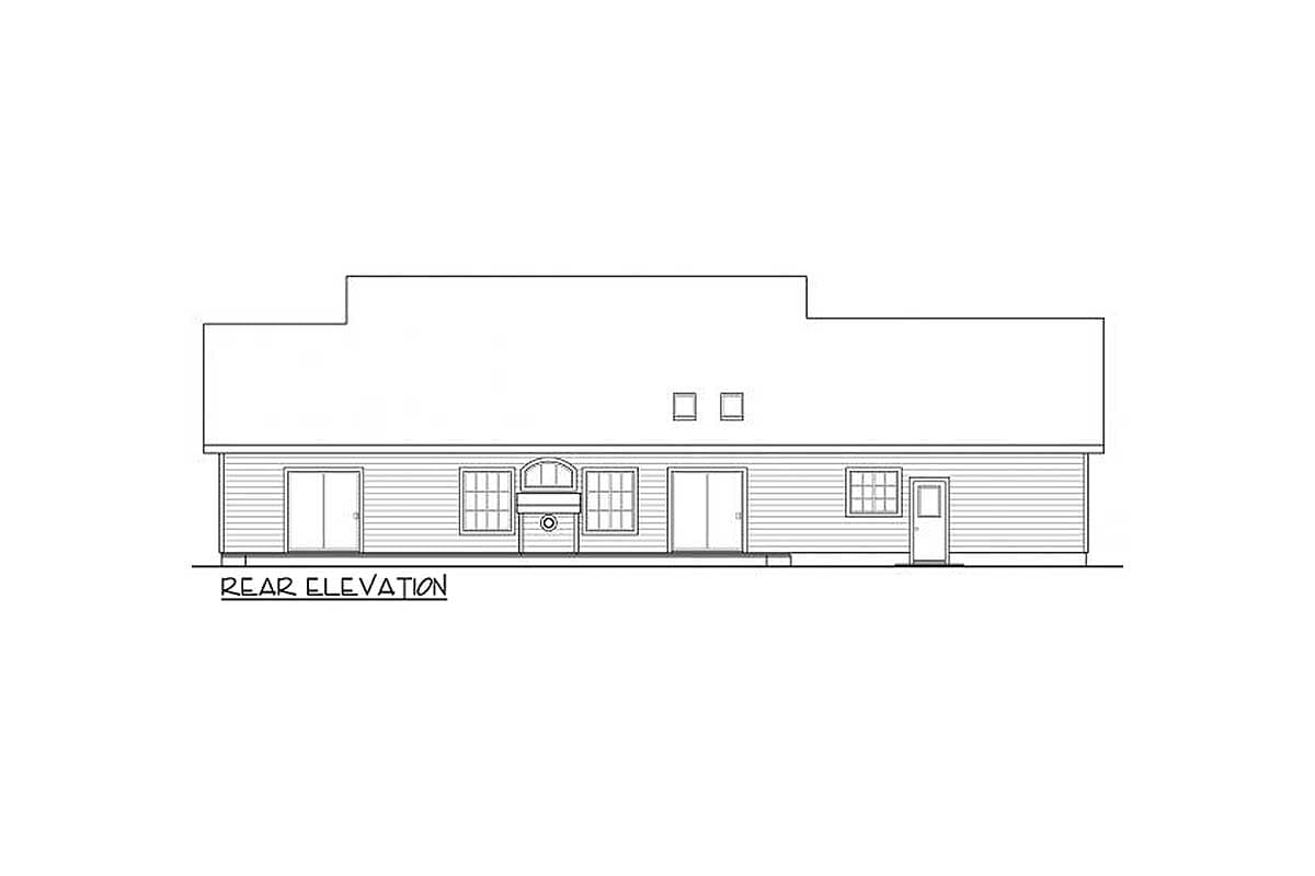 Rear elevation drawing of a house plan showing multiple windows, double doors, and a single door.