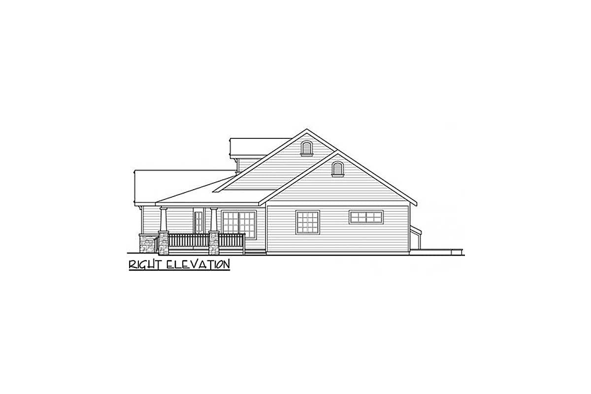 Right elevation house plan with a covered porch, gables, and dormers.