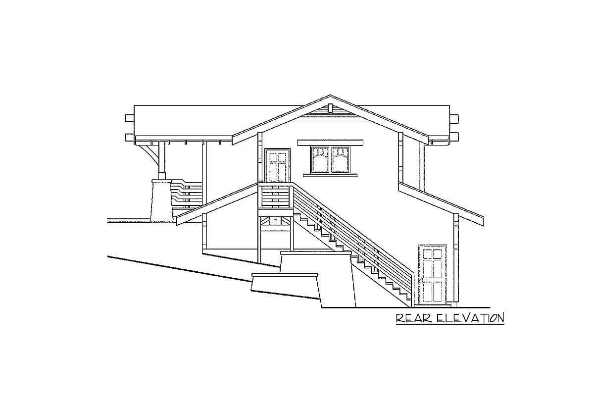 Rear elevation drawing of a house plan with a prominent set of stairs leading to an upper-level deck and entrance.