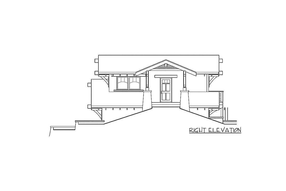 Right elevation drawing of a one-story house plan with a centered entrance, gable, and covered porch.