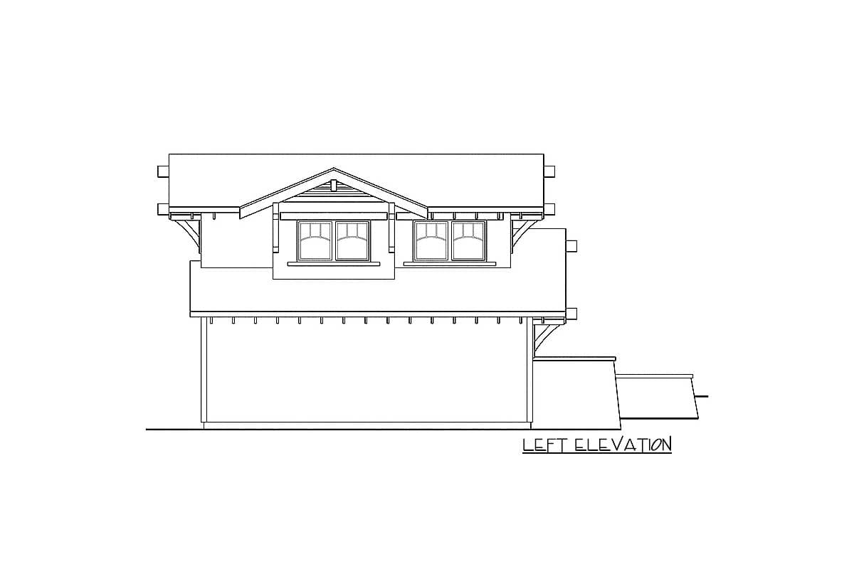 Left elevation drawing of a two-story house plan featuring a gable roof, dormers, and multi-pane windows.