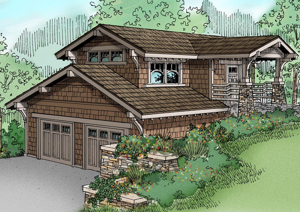 Craftsman style house plan exterior with a two-car garage, shingle siding, gabled roof, and stone porch.