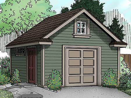 House plan exterior of a garage with a gable roof, single door, and segmented garage door.