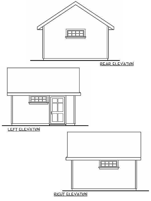 Rear, left, and right elevations of a one-story house plan featuring a gable roof, one window on the rear, and a door and window on the left.