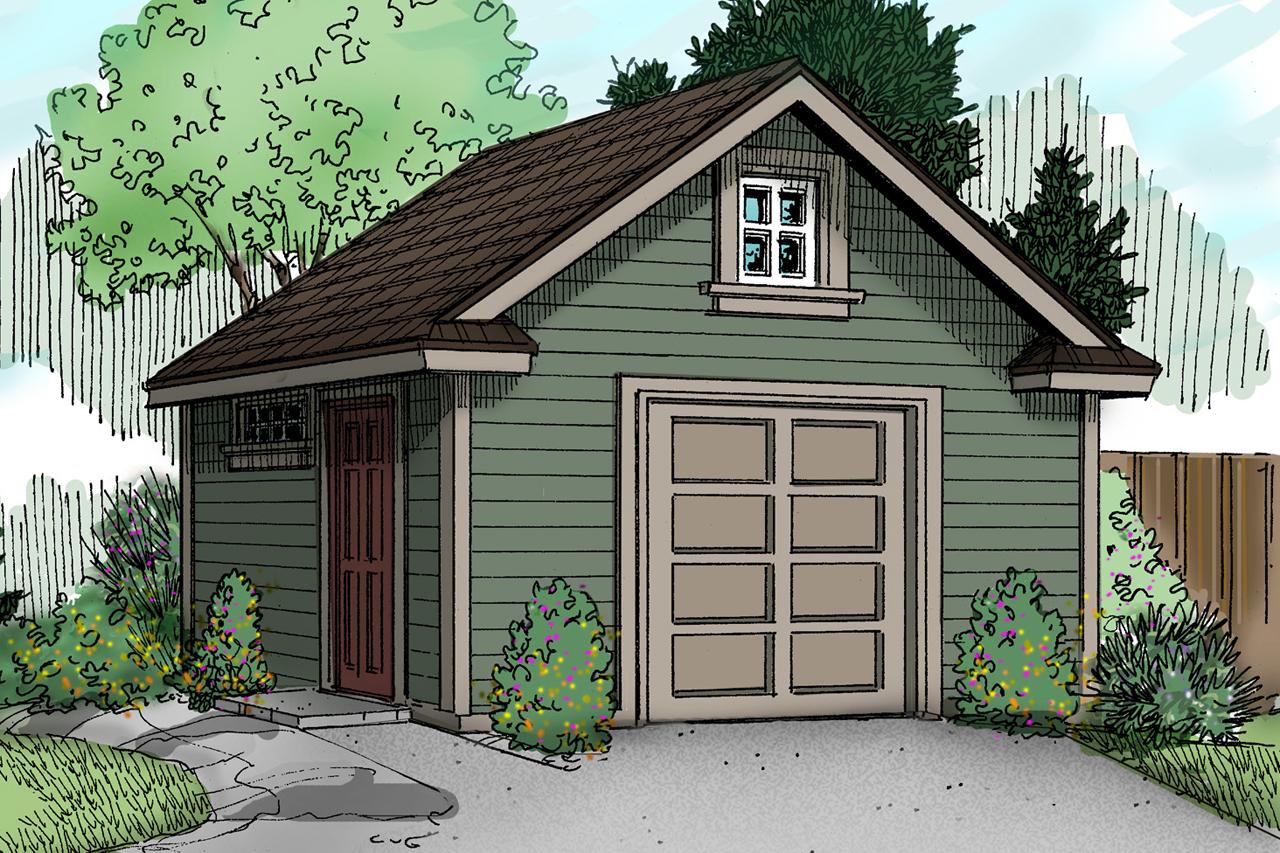 House plan exterior of a single-story structure with a pitched roof, a garage door, and a side entrance door.