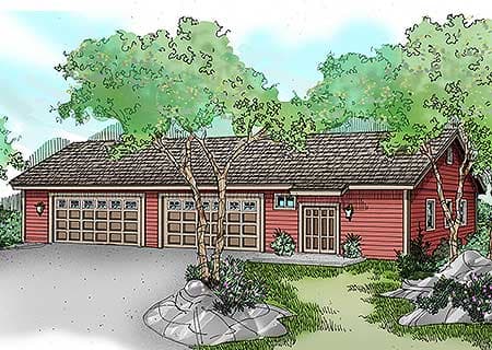House plan exterior with a red siding finish, hip roof, four garage doors, and a central entry door with double glass doors.