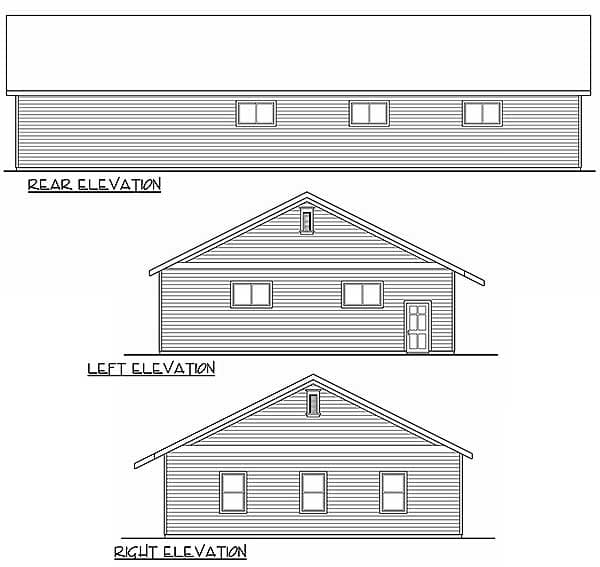 Rear, left, and right elevation drawings of a house plan showing a single-story structure with gabled roofs and horizontal siding.