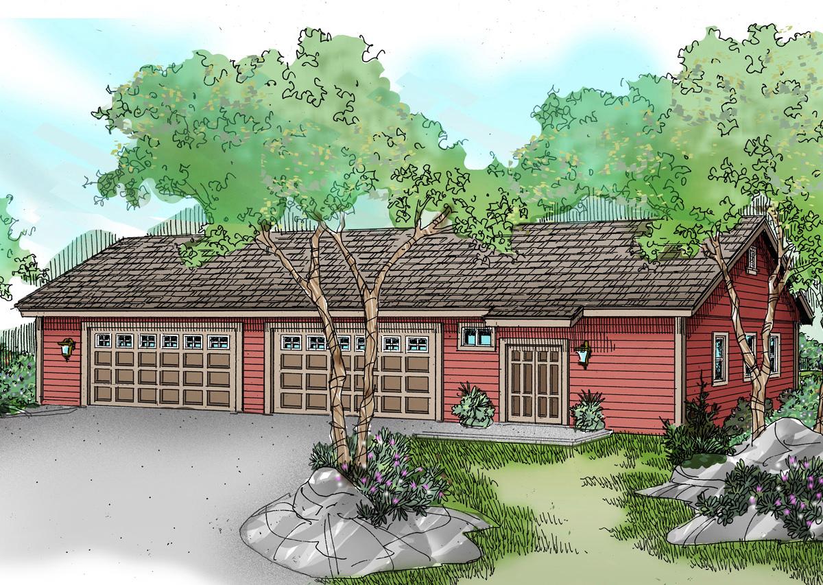 House plan exterior showing a red, one-story home with a three-car garage, double-door entry, and a gabled roof.