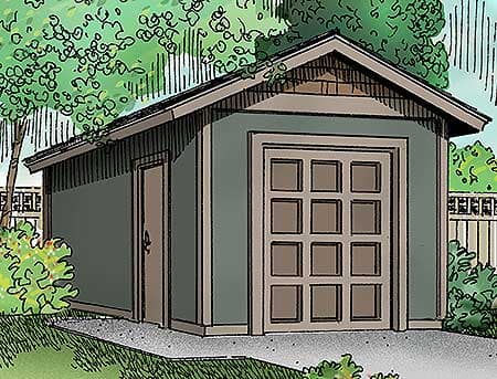 House plan exterior of a one-story garage with a gable roof, paneled garage door, and side entry door.