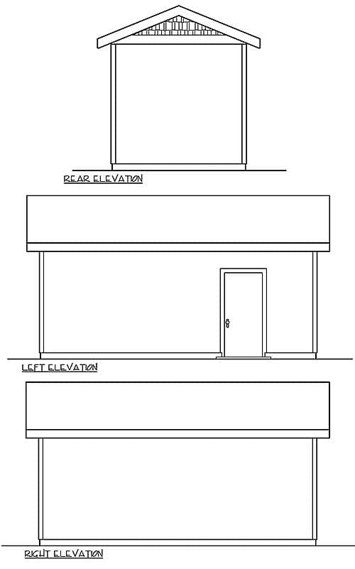 Rear, left, and right elevation drawings showing a simple structure with a gable roof and one door on the left elevation.