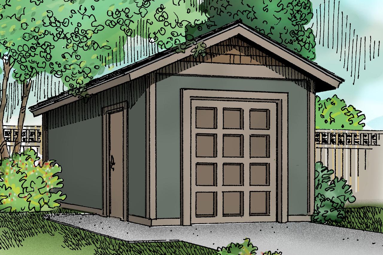 House plan exterior, one-story garage with a paneled door, gable roof, and siding.