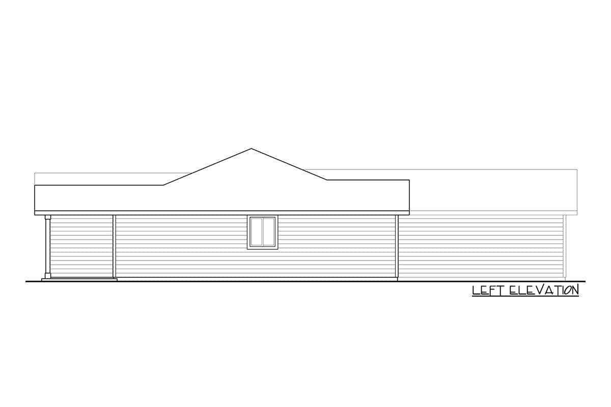 House plan left elevation showing a single-story structure with horizontal siding and a prominent roofline.