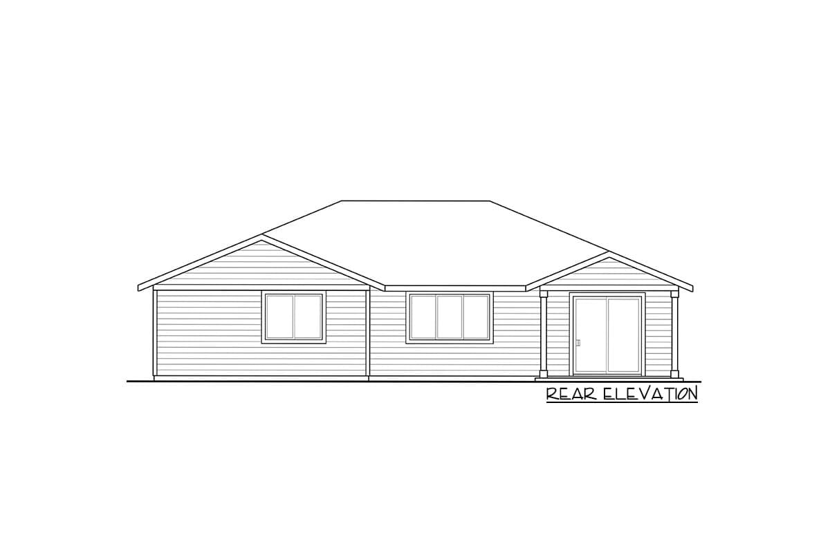 Rear elevation drawing of a single-story house with siding, two windows, and sliding glass doors.