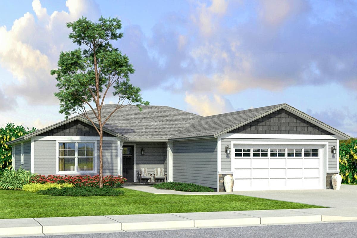 House plan exterior: Ranch style, one story, with covered entry porch, gable roof, and attached two-car garage.