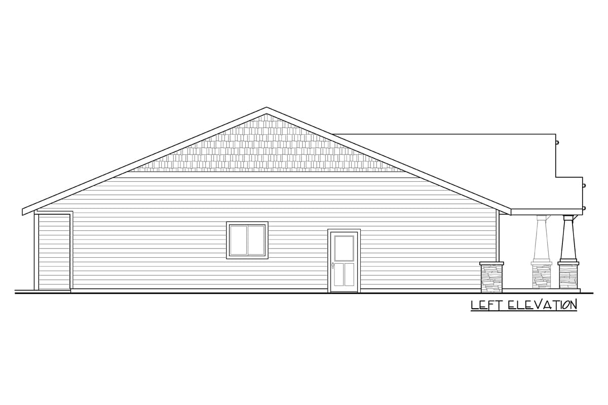 Left elevation house plan. Single story with shingled gable end, horizontal siding, two doors, one window, and covered porch with stone columns.