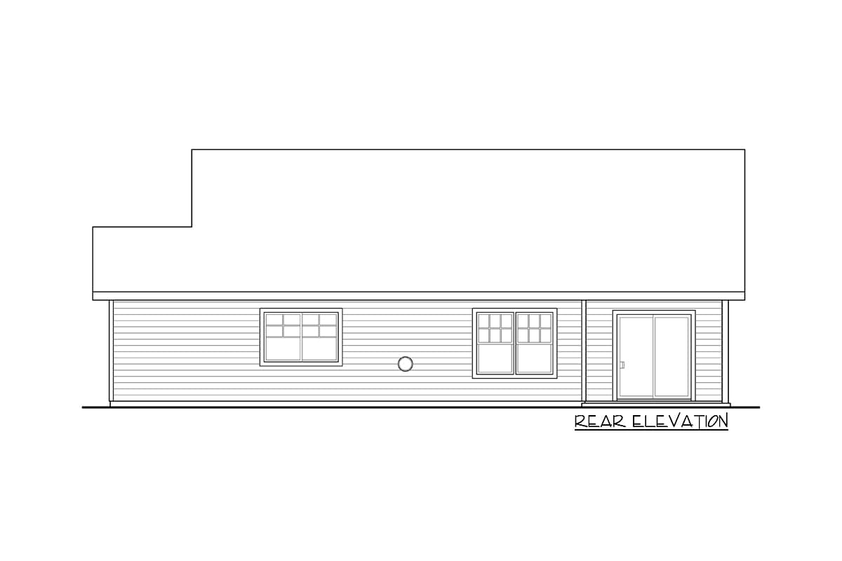 Rear elevation drawing of a house plan featuring horizontal siding, two windows, and a sliding glass door.