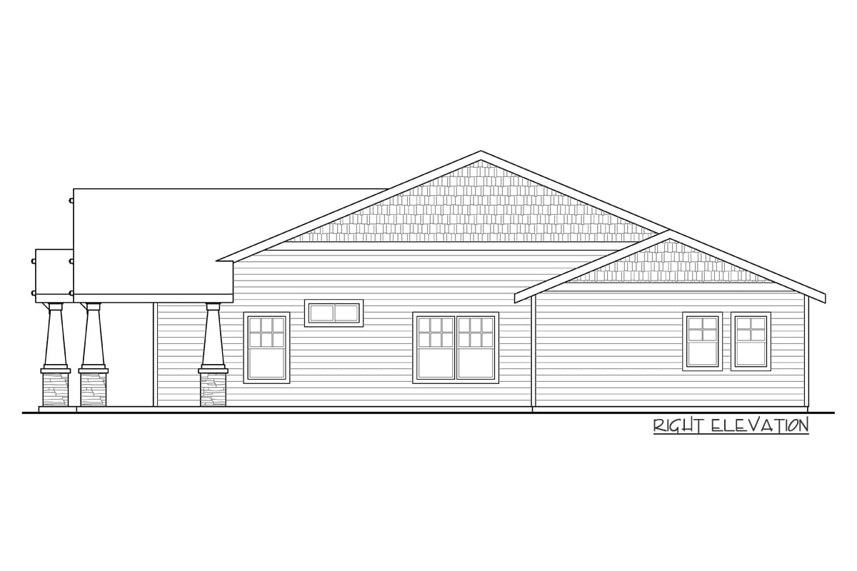 Right elevation house plan: clapboard siding, gabled roof, stone-clad porch columns, and varied window styles.