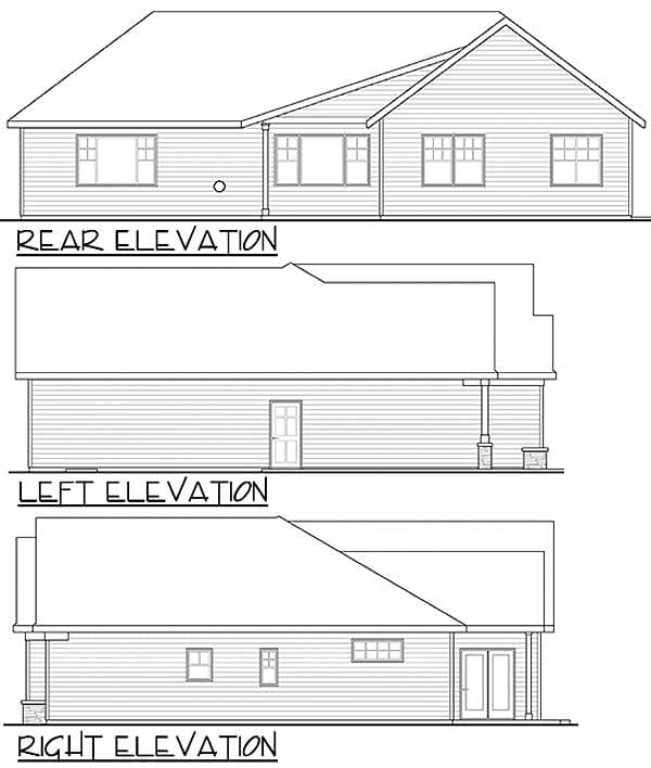 Rear, left, and right elevations of a one-story house plan with gabled roof, various window styles, and a covered porch.
