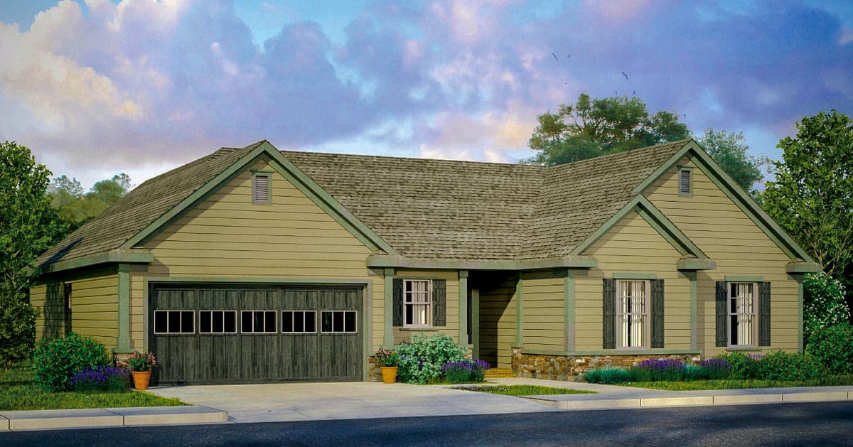 House plan exterior with Craftsman-style elements. Single-story home with gabled roofline, garage, and front porch. Siding and shutters are visible.