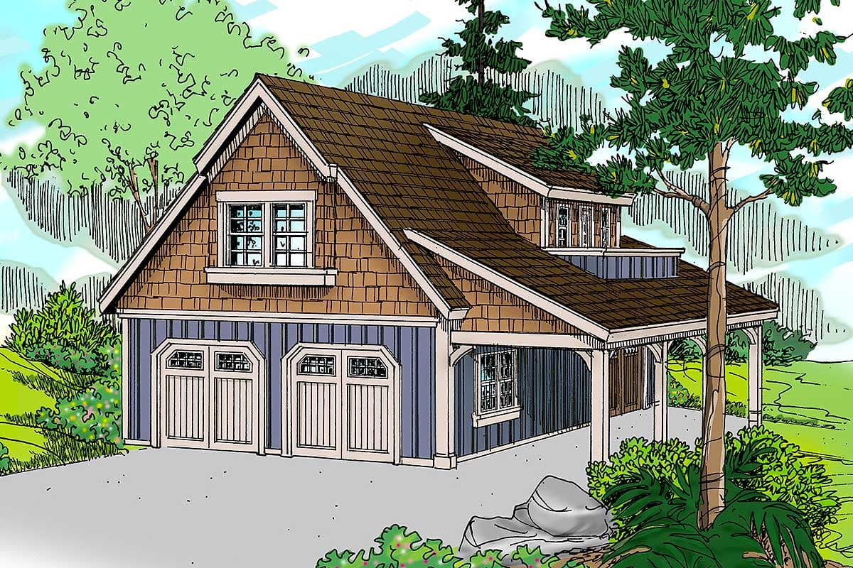 House plan exterior: Two-story building with shingle siding, double garage doors, and covered porte-cochère.