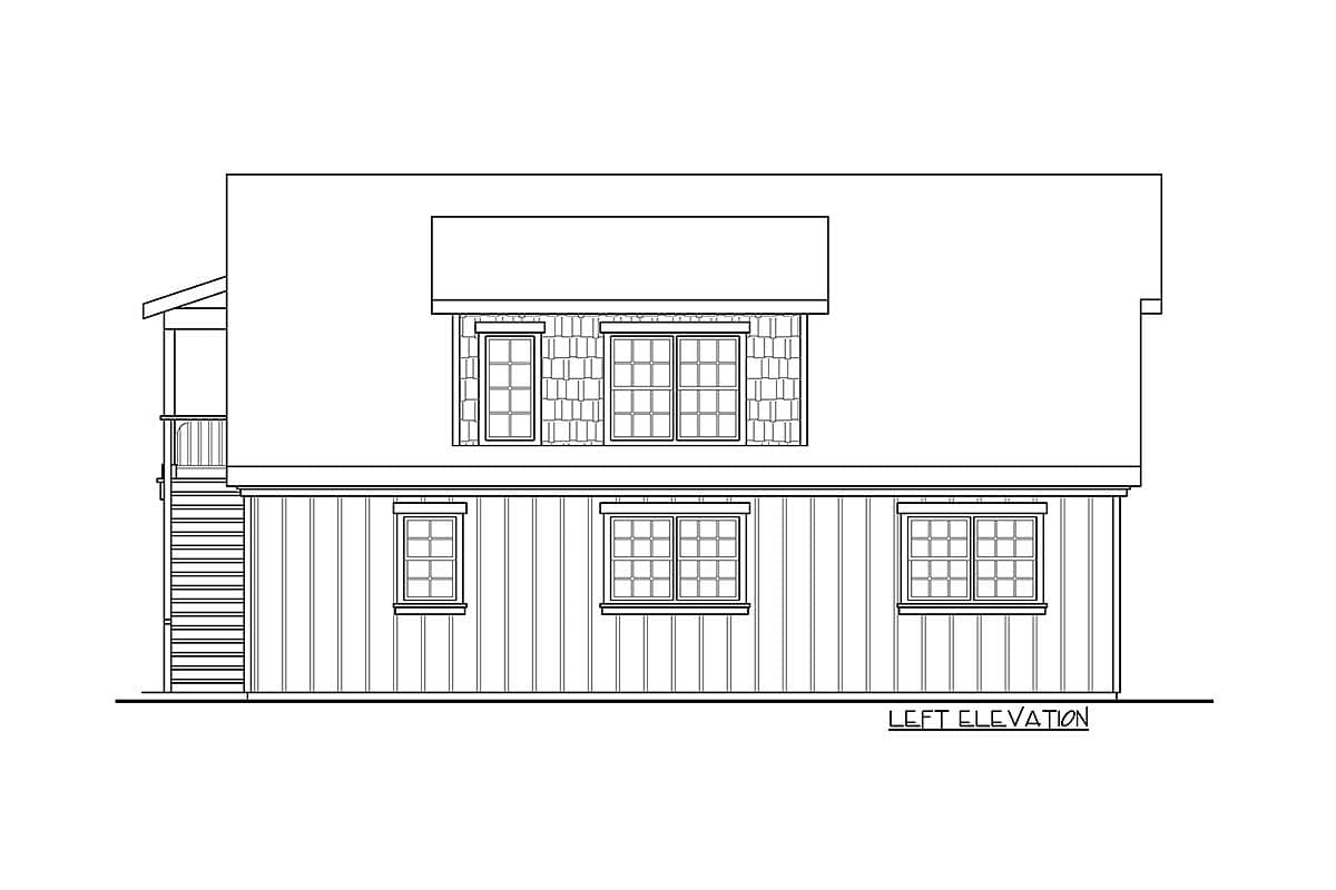 Left elevation drawing of a two-story house plan with multiple windows and a covered porch.