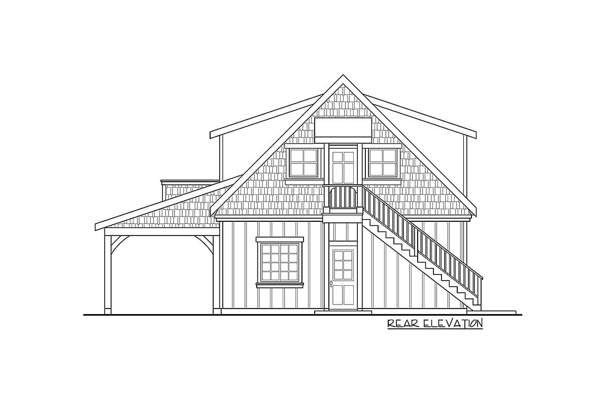 Rear elevation house plan drawing of a two-story home with a covered carport, gabled rooflines, and exterior staircase to second-floor entrance.