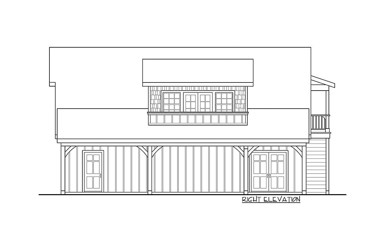 House plan right elevation with double doors, paneled siding, and a dormer window.
