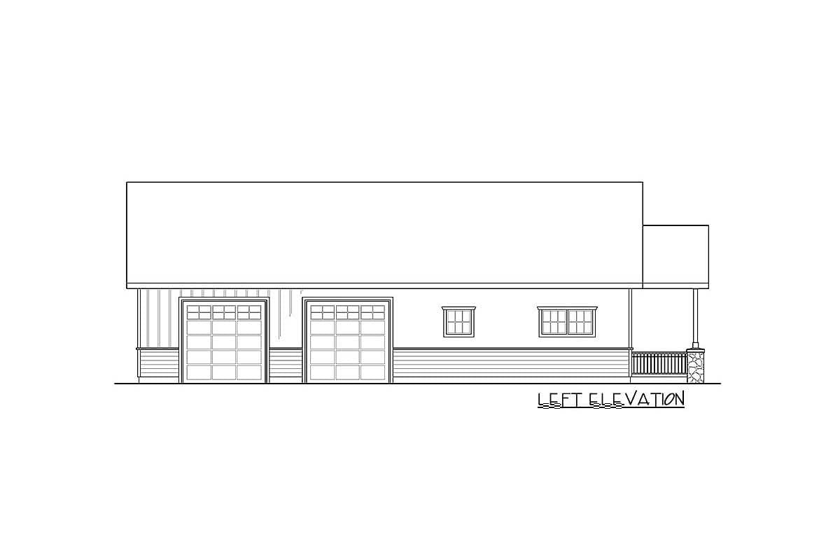 Left elevation house plan with two garage doors, windows, and a covered porch.