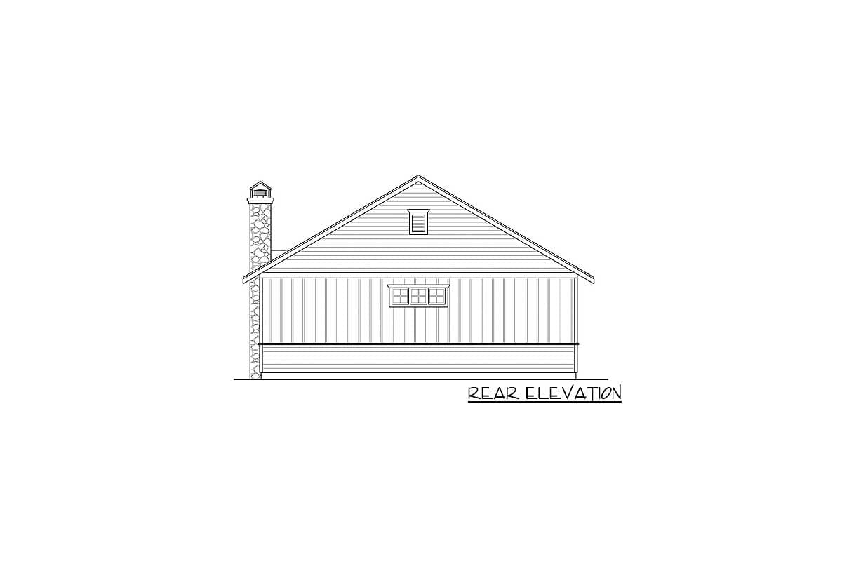 Rear elevation drawing of a house plan with a gabled roof, stone chimney, and clapboard siding.