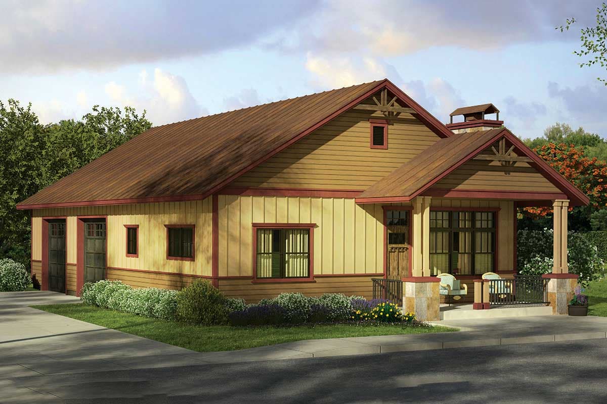 House plan exterior: Single-story Craftsman style with two-car garage, gabled dormer, and covered front porch with stone accents.