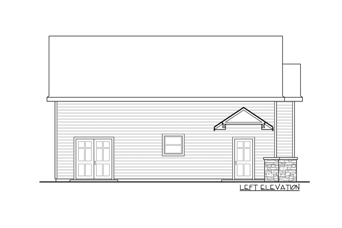 Left elevation drawing of a house plan showing horizontal siding, two doors, one window, and a gable roof.