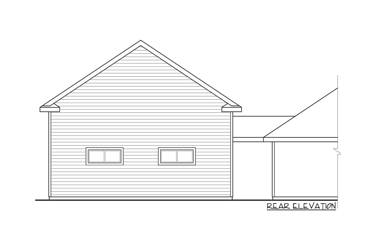 Rear elevation drawing of a house plan showing siding, two windows, and a connecting roof.
