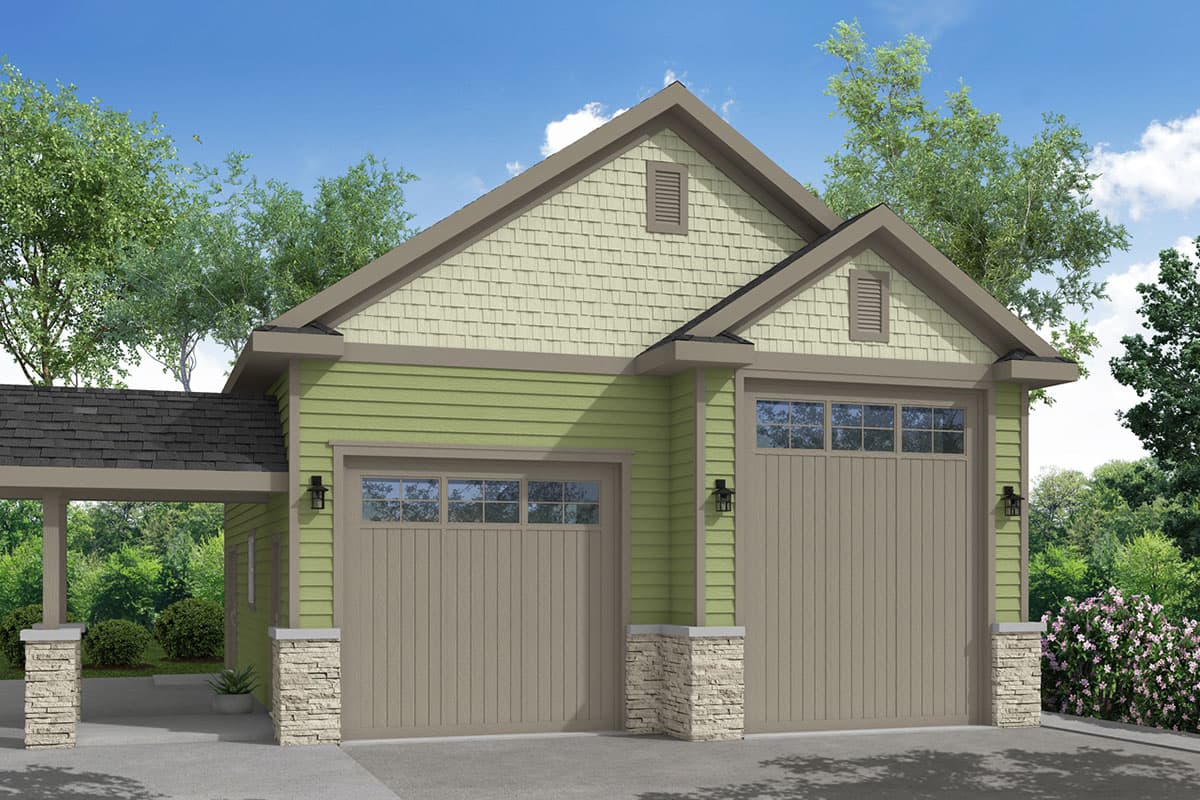 House plan exterior with two-car garage, side-facing main garage door, covered carport, shake and lap siding, and stone accents.