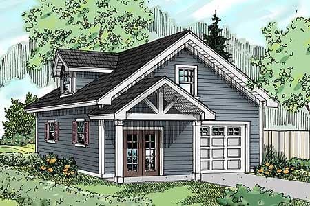 House plan exterior: Two-story home with a covered front porch, gabled dormer, and attached garage.
