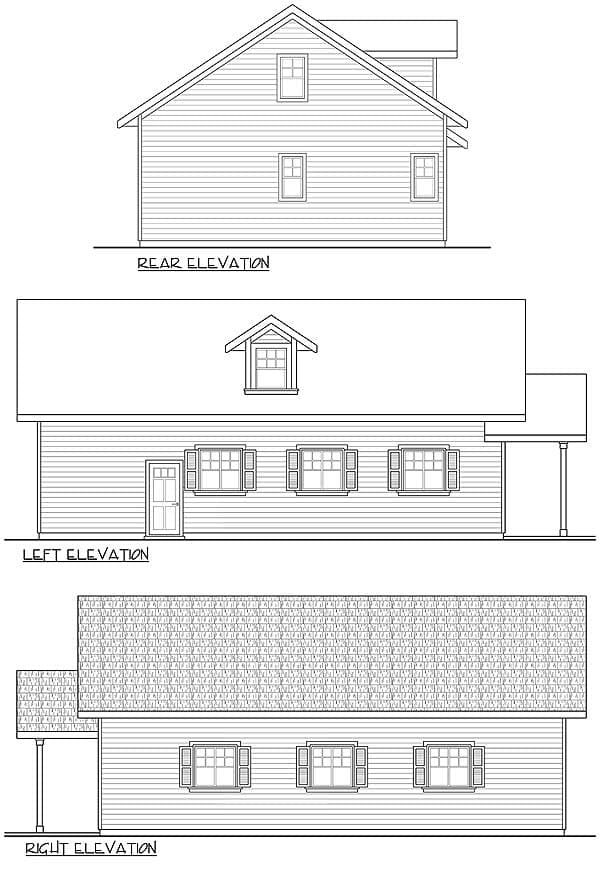 House plan showing rear, left, and right elevations with a prominent gable roof and dormer.
