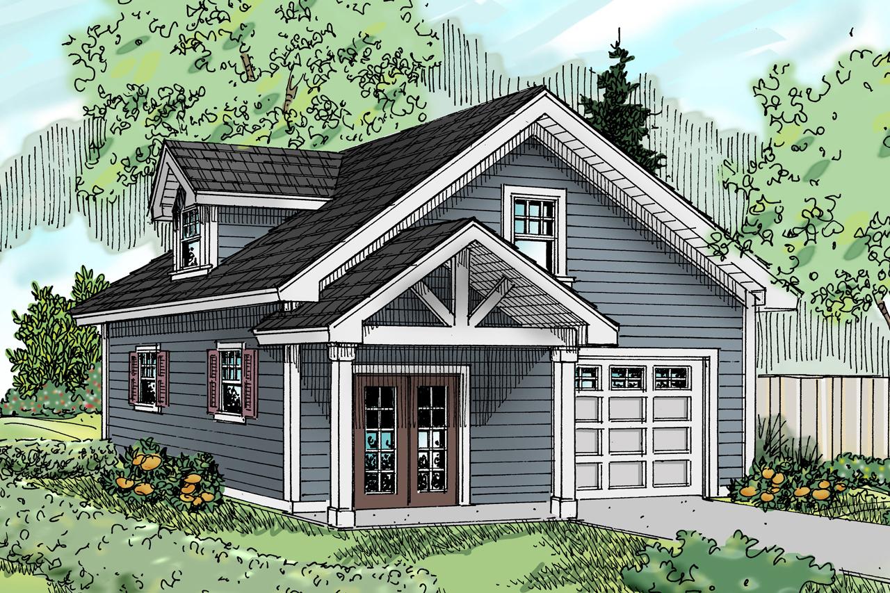 House plan exterior: Two-story home with gable roof, dormer windows, covered entry with decorative brackets, and attached garage.