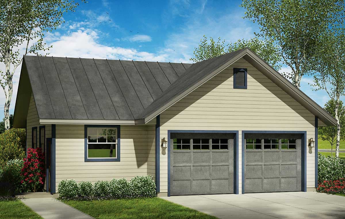 House plan exterior showing a two-car garage with a standing seam metal roof, gabled dormer, and vinyl siding.