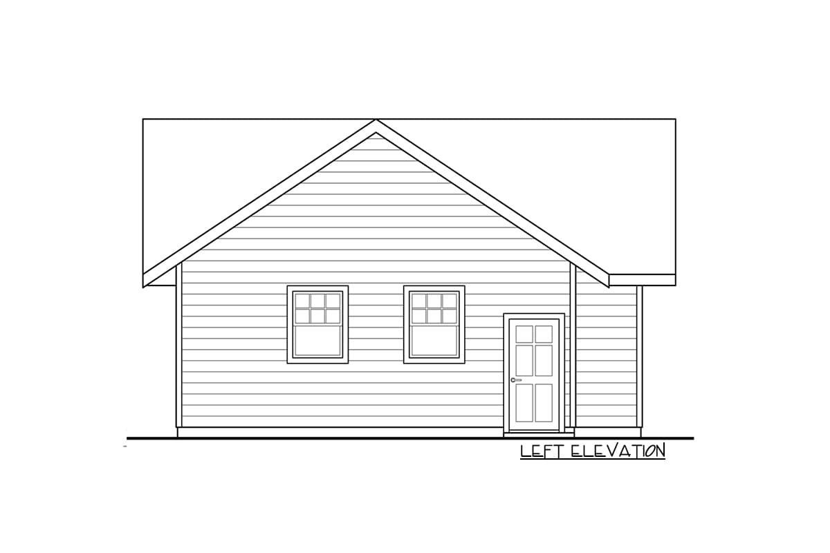 Left elevation house plan drawing showing a simple gable roof, siding, two windows, and a door.