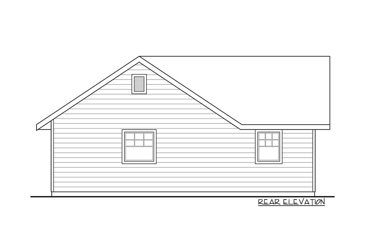 Rear elevation drawing of a house plan with horizontal siding, two windows, and a gabled roof with a vent.