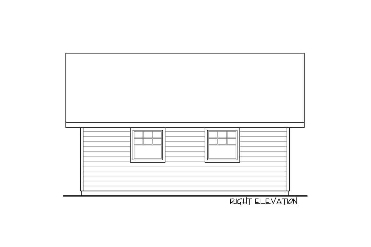 Right elevation of a house plan showing horizontal siding and two multi-pane windows.