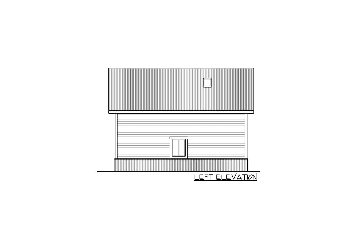 Left elevation drawing of a two-story house with horizontal siding on the first level and vertical siding on the second.