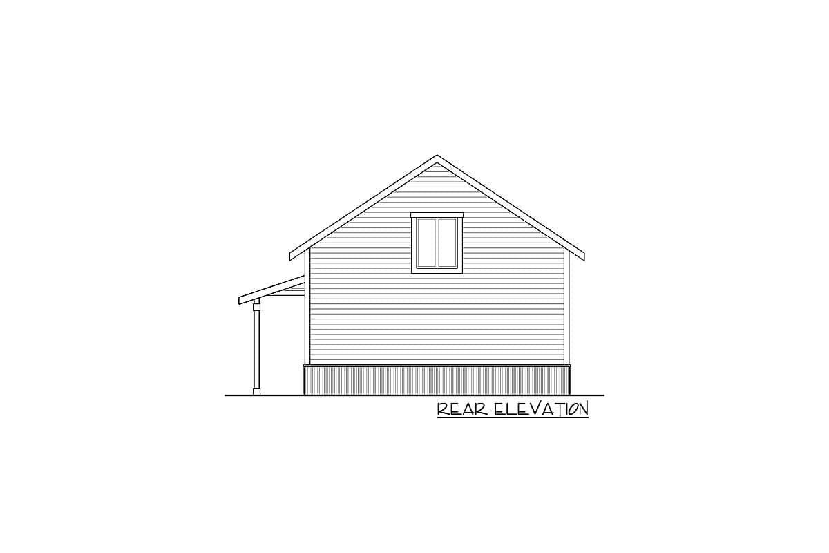Rear elevation drawing of a house plan with horizontal siding, a gable roof, and a small attached shed roof.