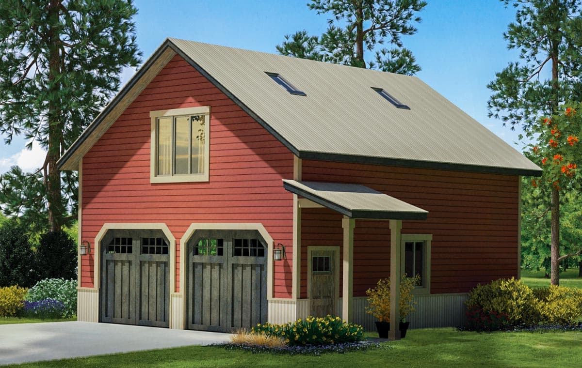House plan exterior of a two-story barn-style building with two garage doors, a shed roof entry, and two skylights.